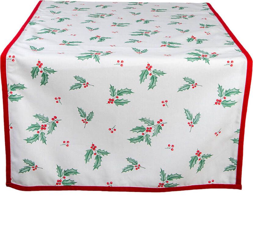 Clayre & Eef Tafelloper Kerst 50x140 Cm Wit Rood Katoen Rechthoek Hulstbladeren Tafelkleed Loper Tafeltextiel Wit