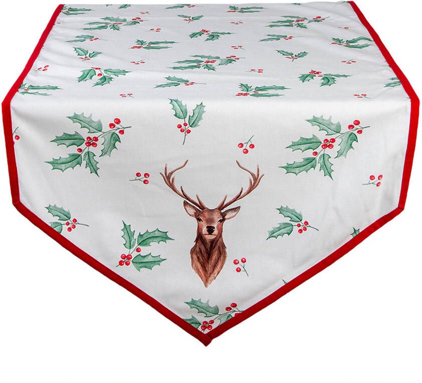 Clayre & Eef Tafelloper Kerst 50x160 Cm Wit Rood Katoen Rechthoek Hert Hulstbladeren Tafelkleed Loper Tafeltextiel Wit