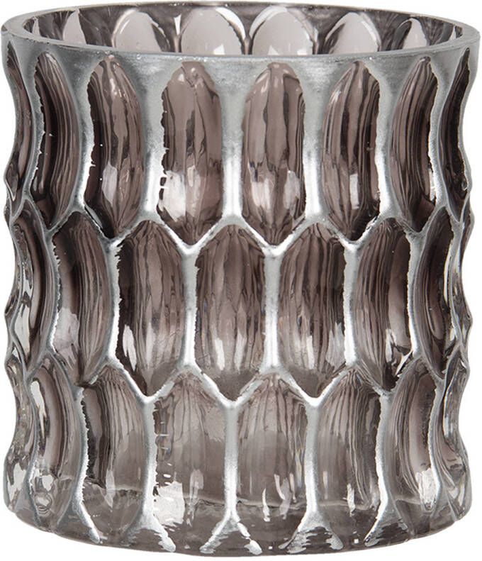 Clayre & Eef Theelichthouder Ø 10x10 Cm Zilverkleurig Glas Rond Waxinelichthouder Windlichthouder Zilverkleurig