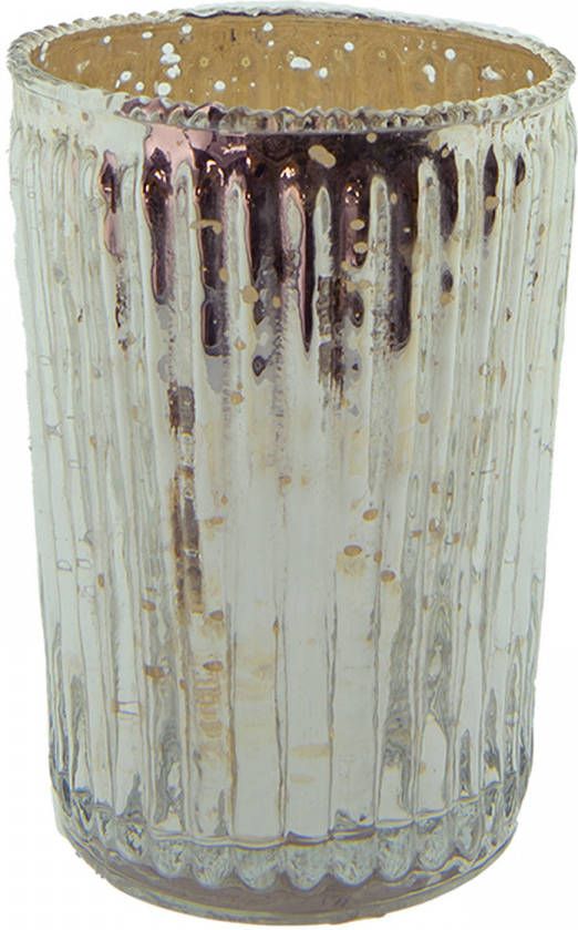 Clayre & Eef Theelichthouder Ø 6x9 Cm Zilverkleurig Glas Rond Waxinelichthouder Windlichthouder Zilverkleurig