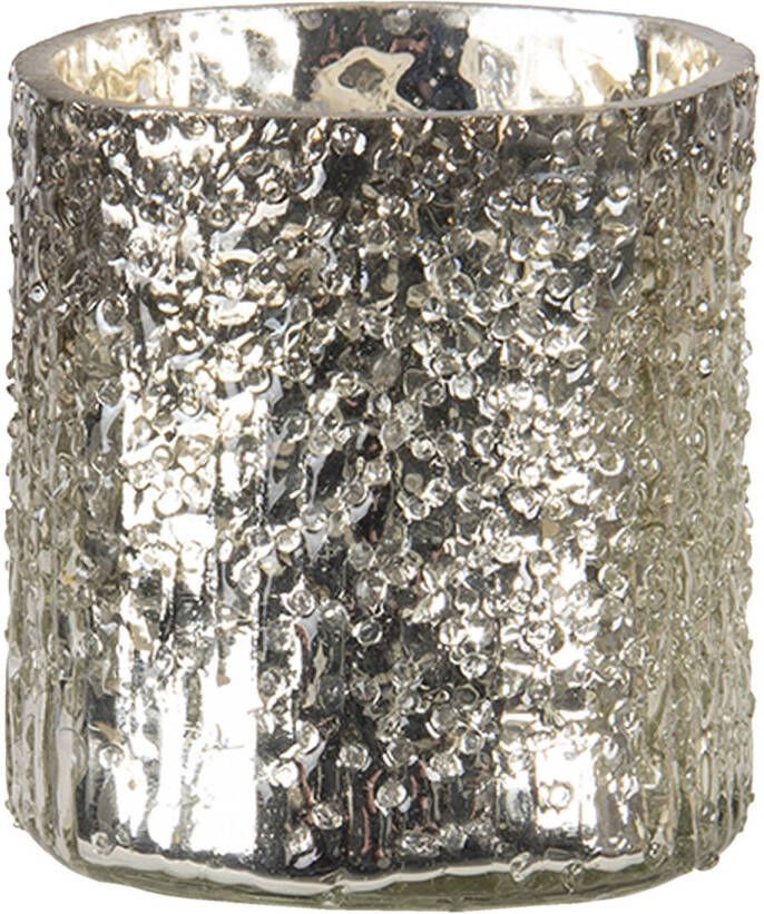 Clayre & Eef Theelichthouder Ø 8x8 Cm Zilverkleurig Glas Rond Waxinelichthouder Windlichthouder Zilverkleurig