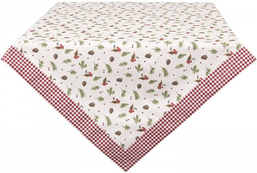Clayre & Eef Tafelkleed 100*100 Cm Rood, Wit, Groen Katoen Vierkant Roosjes Tafellaken Tafellinnen Tafeltextiel Rood