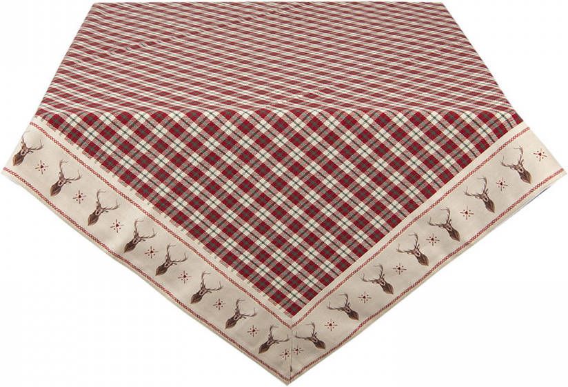 Clayre & Eef Vierkant Tafelkleed 150*150 Cm Rood Beige Katoen Vierkant Ruit Hert Tafellaken Tafellinnen Tafeltextiel