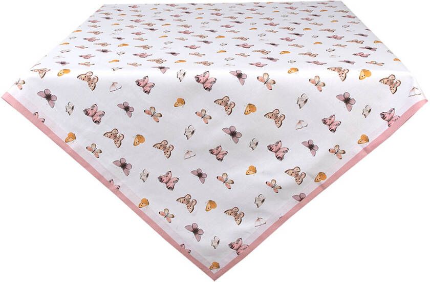 Clayre & Eef Vierkant Tafelkleed 150x150 Cm Beige Roze Katoen Vierkant Vlinders Tafellaken Tafellinnen Tafeltextiel