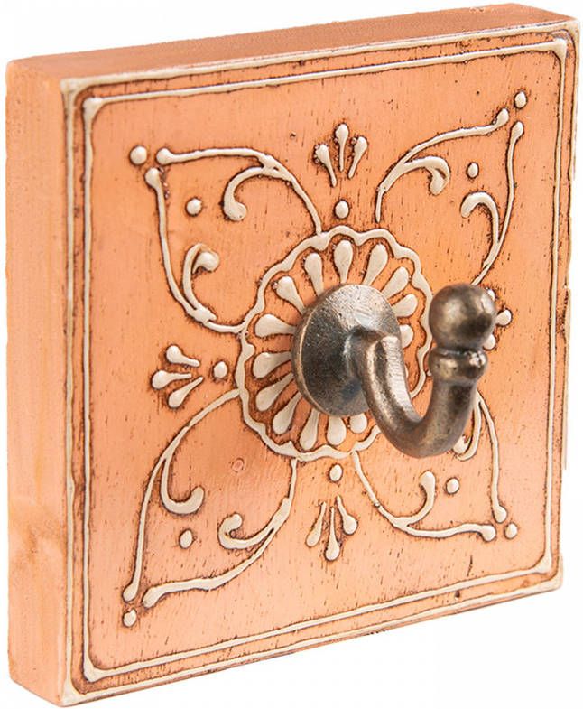 Clayre & Eef Wandhaak 10x10 Cm Oranje Hout Metaal Vierkant Kapstok Wandkapstok Jashaak Oranje Kapstok Wandkapstok