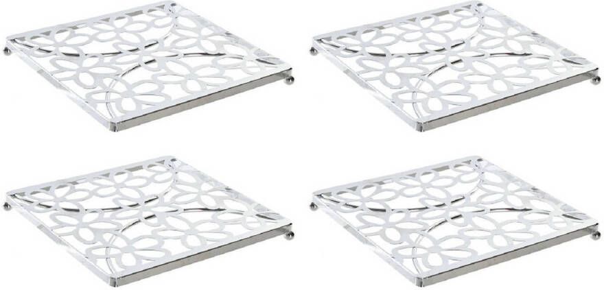Items 4x Stuks Metalen Zilveren Pannenonderzetters Vierkant Met Bloemenprint 18 Cm Panonderzetters