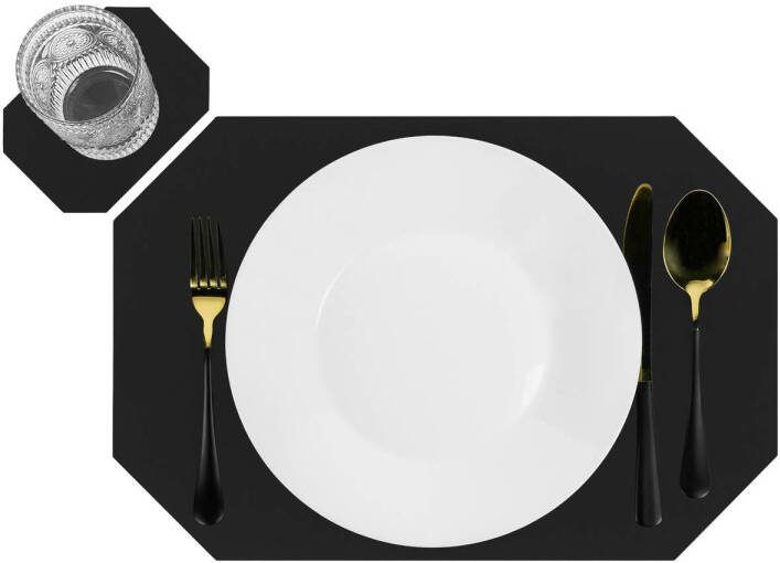 Krumble Placemat Achthoekig + Onderzetter Pu Leder Zwart
