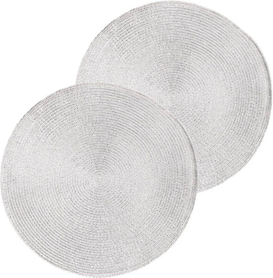Merkloos 2x Ronde Kerst Placemats Glimmend Zilver 38 Cm Geweven/gevlochten Placemats
