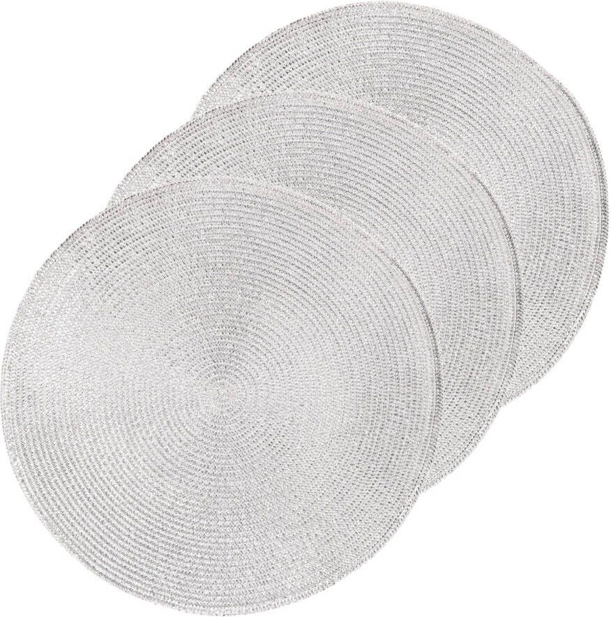 Merkloos 3x Ronde Kerst Placemats Glimmend Zilver 38 Cm Geweven/gevlochten Placemats