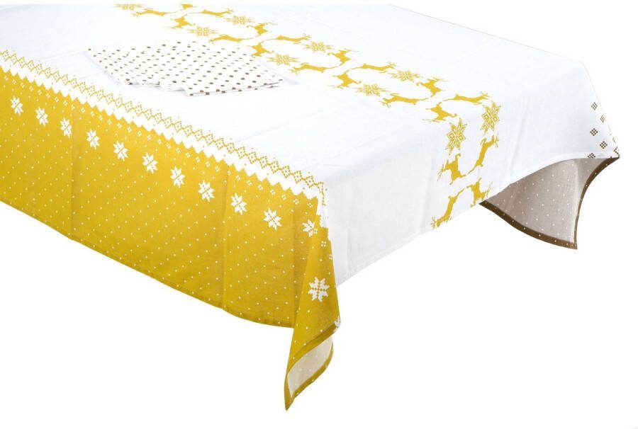 Merkloos Katoenen Tafelkleed/tafellaken Met Servetten Goud/wit Met Rendieren 150 X 250 Cm Tafellakens