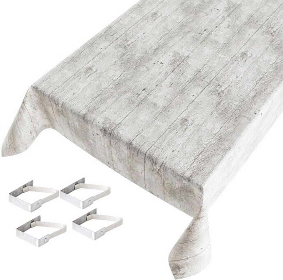 Merkloos Tafelkleed/tafelzeil Grijs Houtprint 140 X 245 Cm Met 4 Klemmen Tafelzeilen