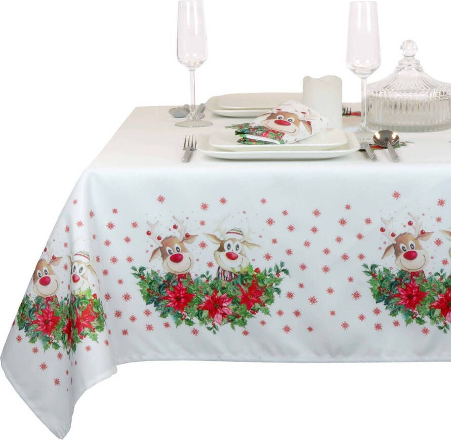Unique Living Kerst Tafelkleed Wit Met Rendier Kerstprint 150 X 200 Cm Tafellakens