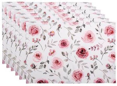 Clayre & Eef Placemats Set van 6 48x33 cm Wit Roze Katoen Rechthoek
