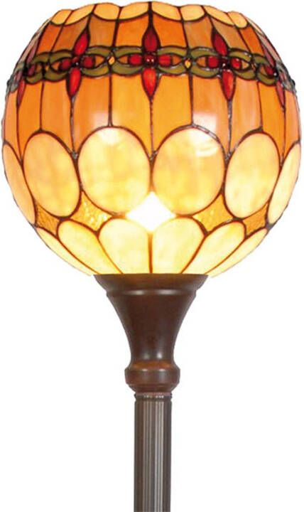 Clayre & Eef Tiffany Vloerlamp Uit De Flowerchain Serie Bruin, Oranje, Rood Ijzer, Glas