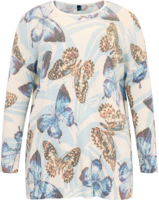 Yoek fijngebreide trui BUTTERFLY met all over print ecru/lichtblauw/oranje